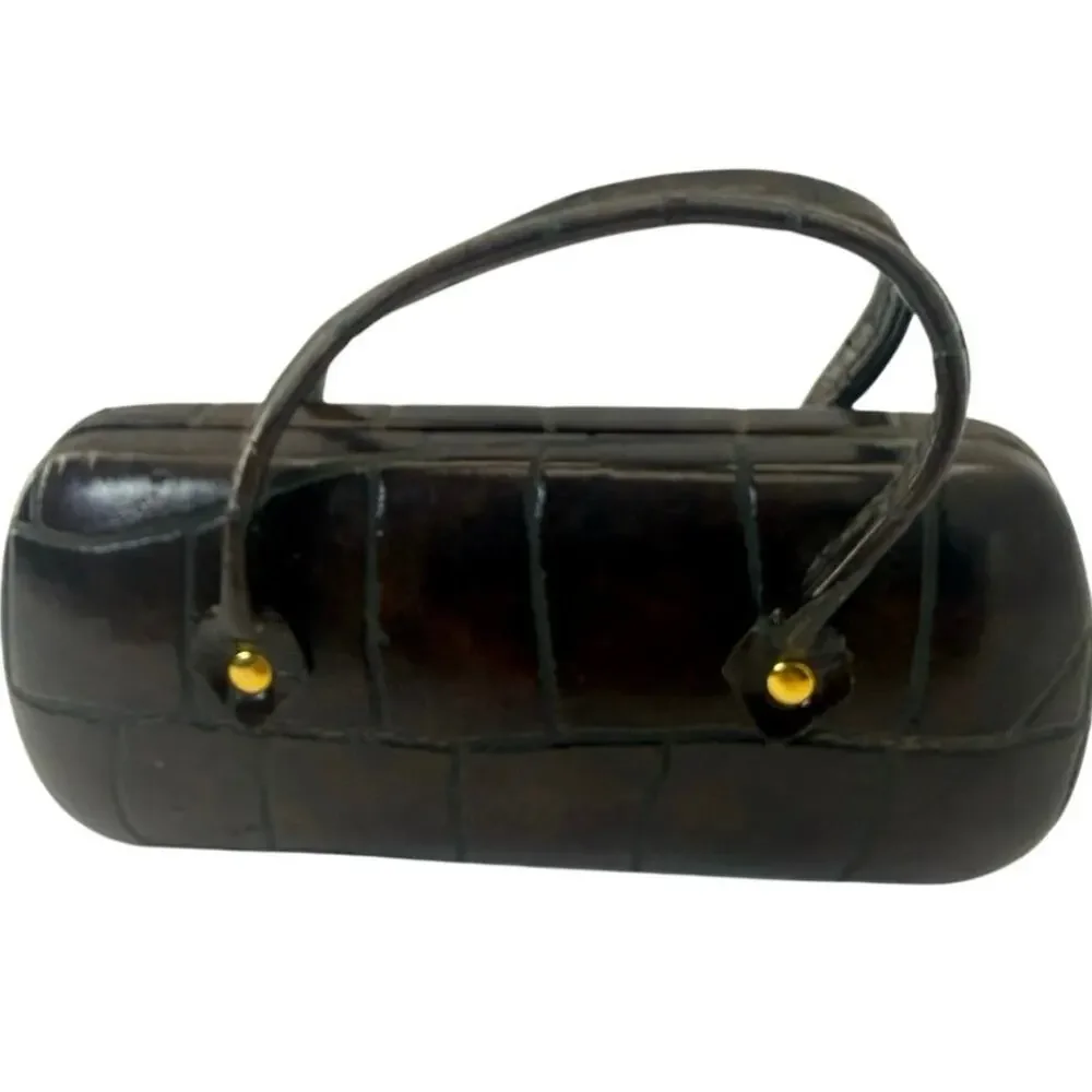 Vintage 70s Purse Style Eyeglasses Case Black Faux Croc Hard Shell w Handles
